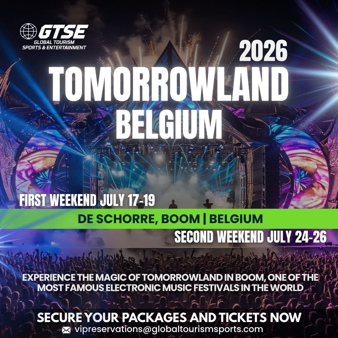 Promotional poster for the Tomorrowland 2026 music festival in Belgium, held at De Schorre in July, with ticket info.
