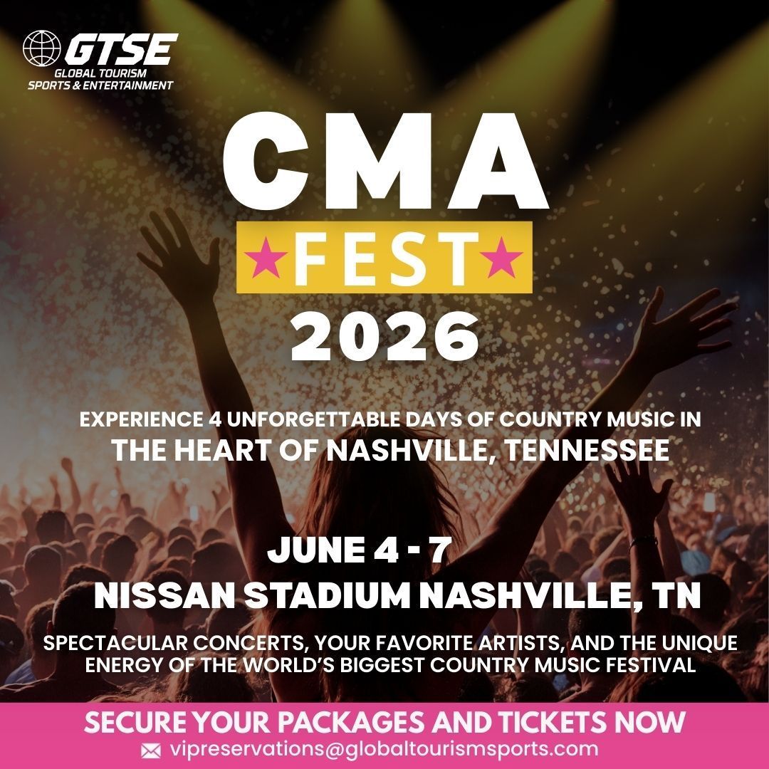 CMA Fest 2026: Nashville, TN. Event poster with hands raised, concert crowd, dates June 4-7, and website.