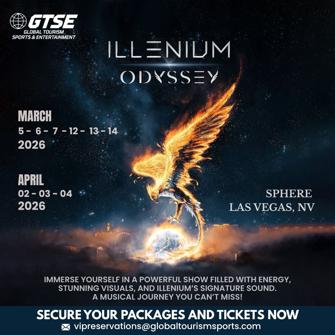 Illenium Odyssey concert poster at Sphere, Las Vegas. Dates: March 2026 and April 2026. Features fiery phoenix.