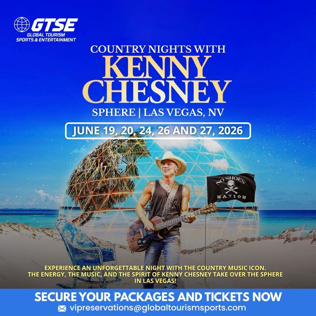 Concert poster: Kenny Chesney at Sphere in Las Vegas, June 2026. Man with guitar on beach with a globe.