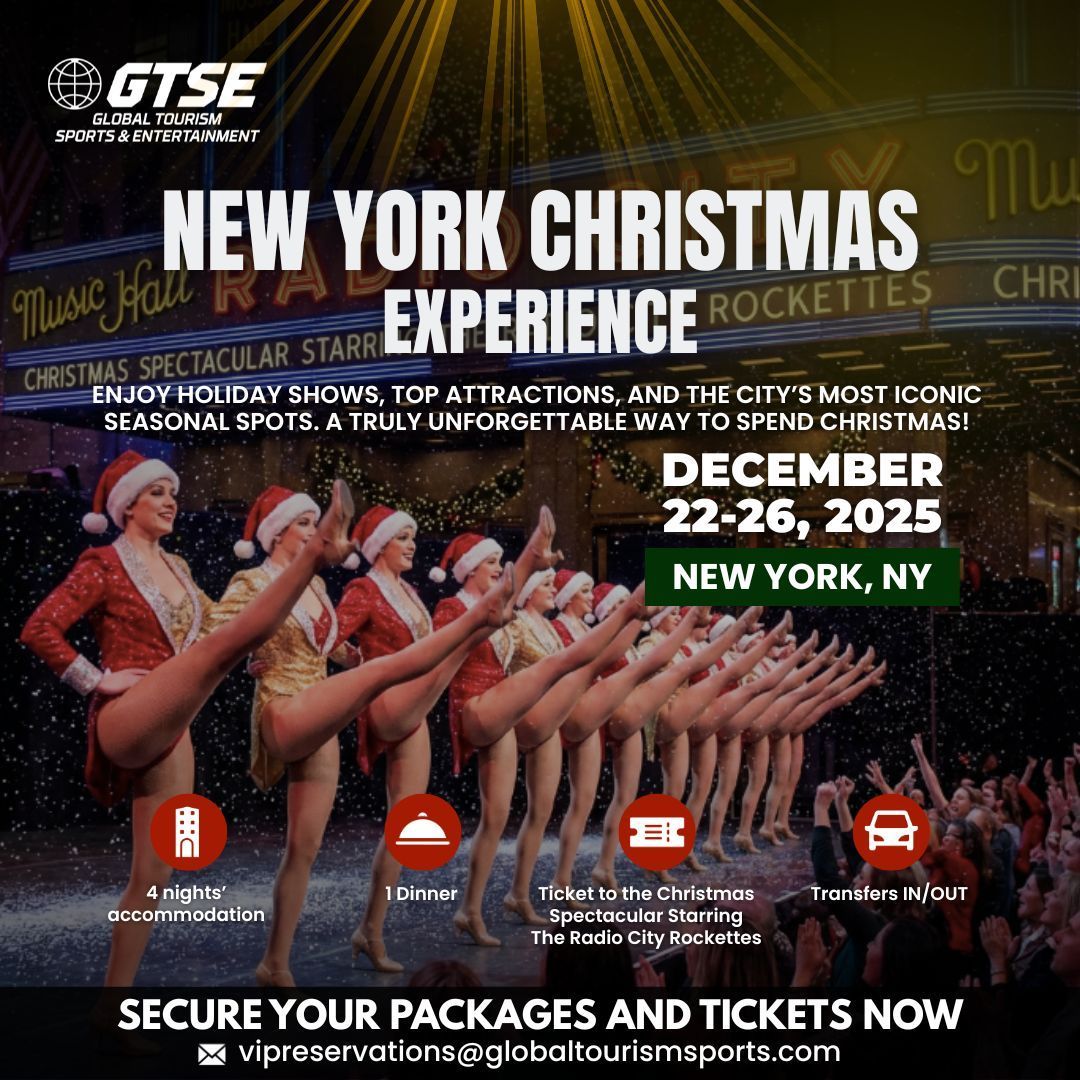 Ad for a New York Christmas Experience: Rockettes dancers in festive attire, dates, and website.