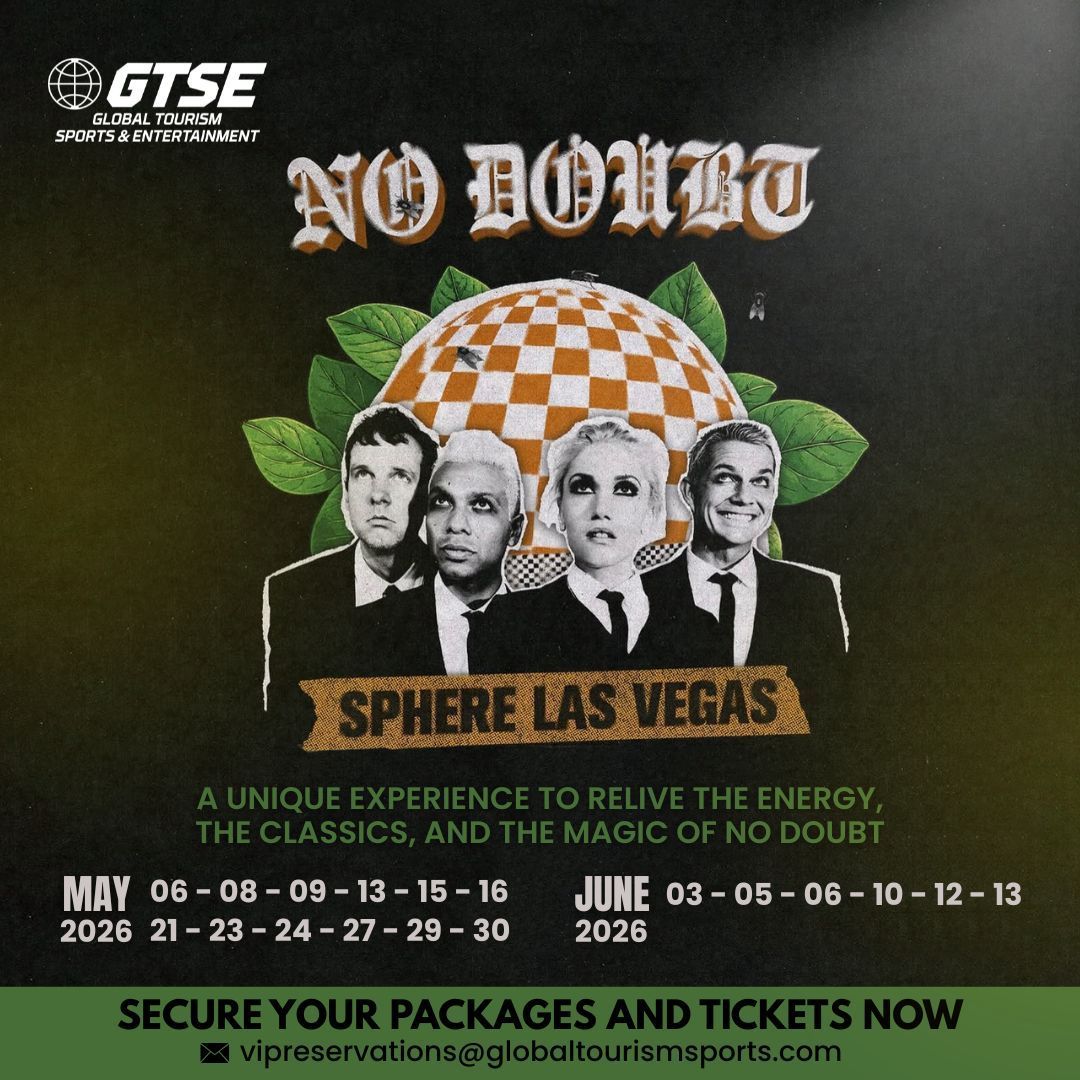 No Doubt concert announcement at Sphere Las Vegas. Dates in May & June 2026. Includes band members' faces.
