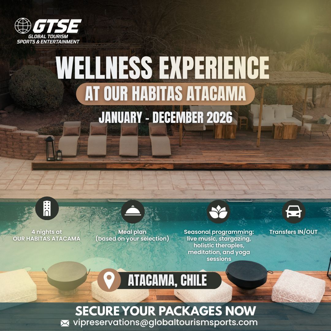 Wellness experience at Habitas Atacama. Includes pool, chairs, and booking details. January-December 2026, Atacama, Chile.