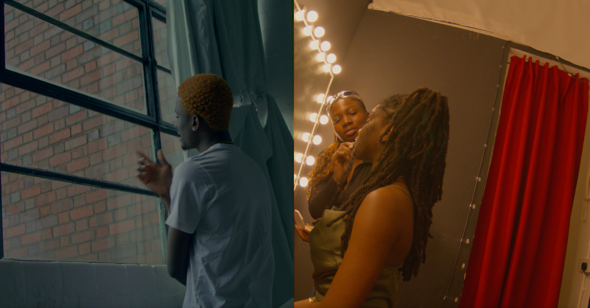A man is standing in front of a window and a woman is standing in front of a mirror.
