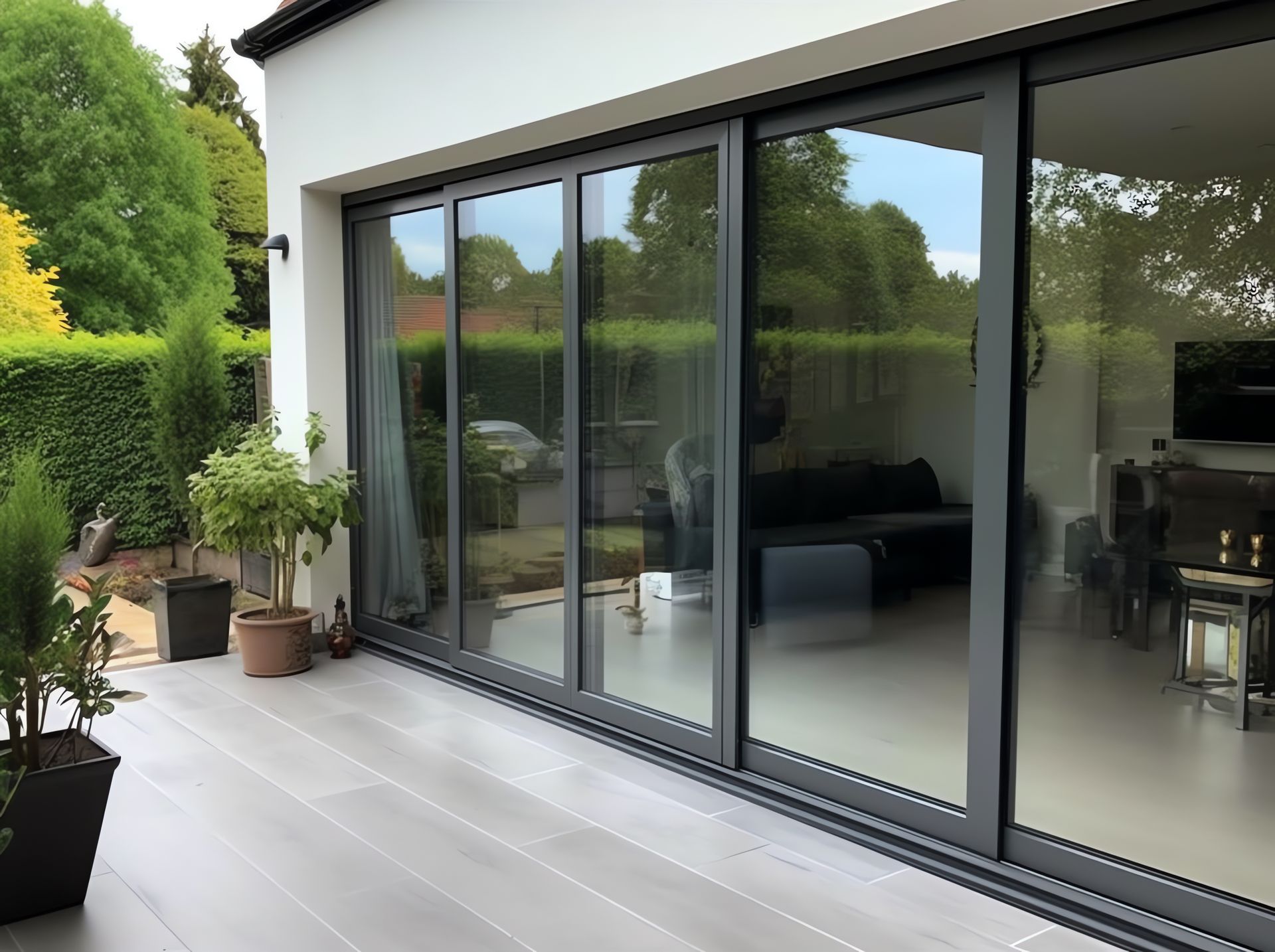 Patio moderno con grandi porte scorrevoli in vetro, piante in vaso e una zona salotto esterna che si riflette nel vetro.