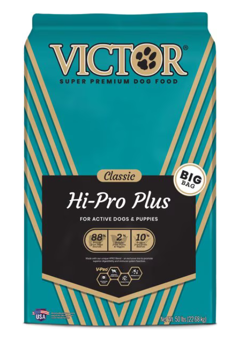 A bag of victor hi-pro plus dog food on a white background.