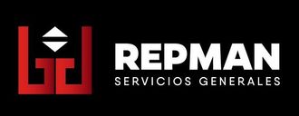 A black and red logo for repman servicios generales