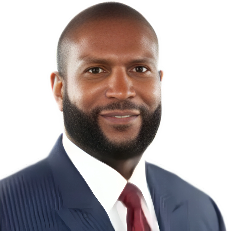 Portrait of a smiling man in a navy suit and red tie against a white background