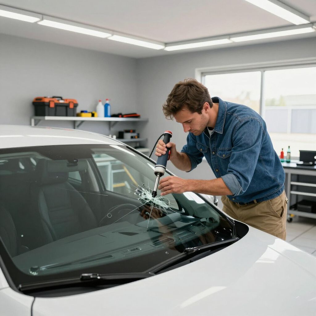 Uomo che ripara il parabrezza di un'auto in un garage, utilizzando un attrezzo.