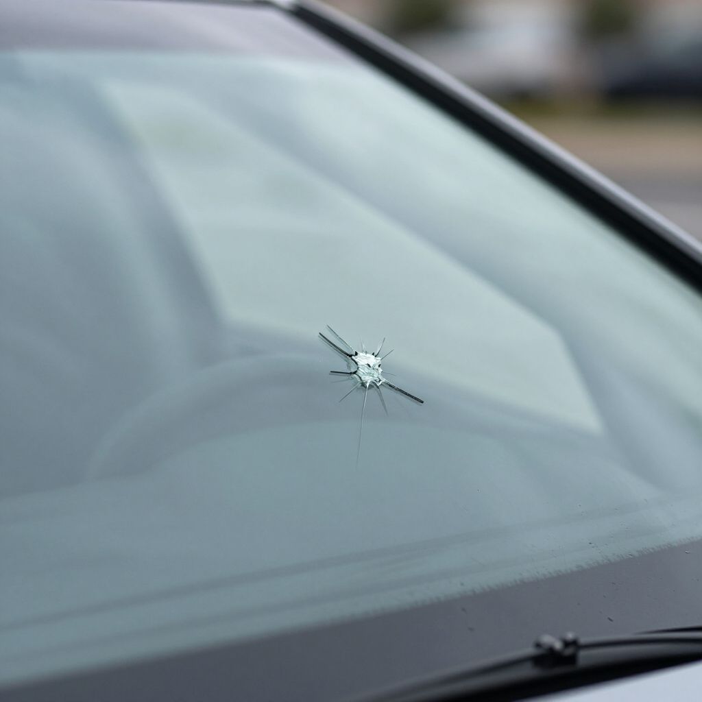 Parabrezza di un'auto, all'aperto, con una crepa a forma di stella al centro.