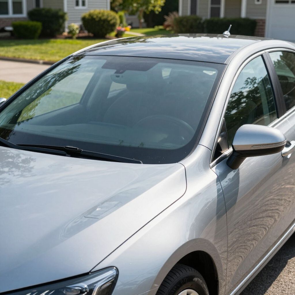 Un'auto argentata con il tetto scuro parcheggiata in una strada di periferia.