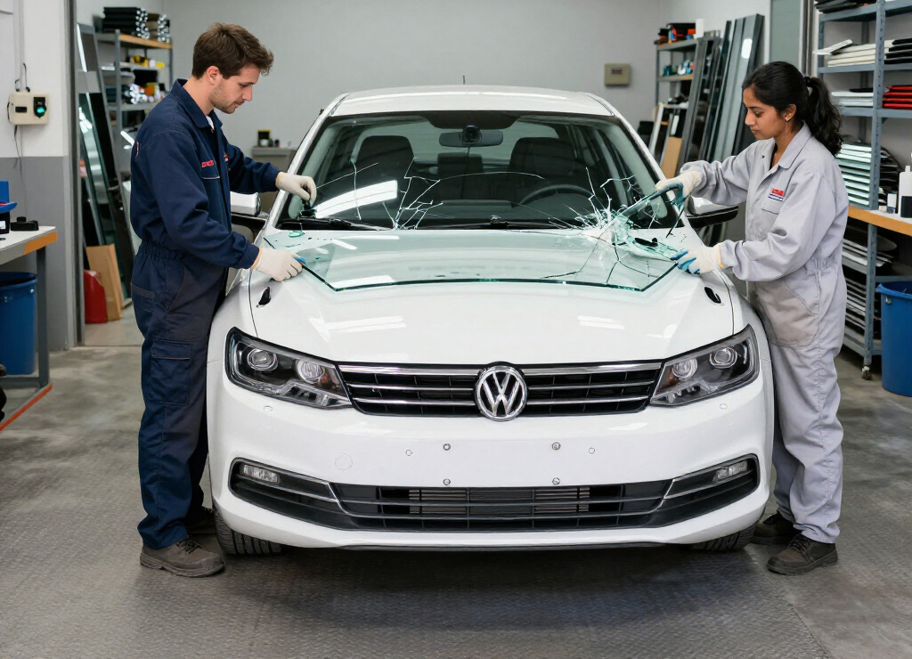 Due tecnici sostituiscono il parabrezza rotto di una Volkswagen bianca in un'officina.