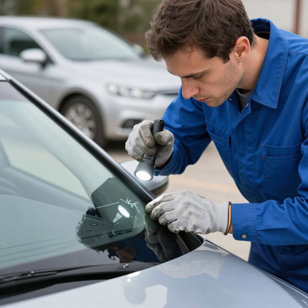 Meccanico che ispeziona il parabrezza di un'auto con una torcia, indossando guanti e uniforme blu.