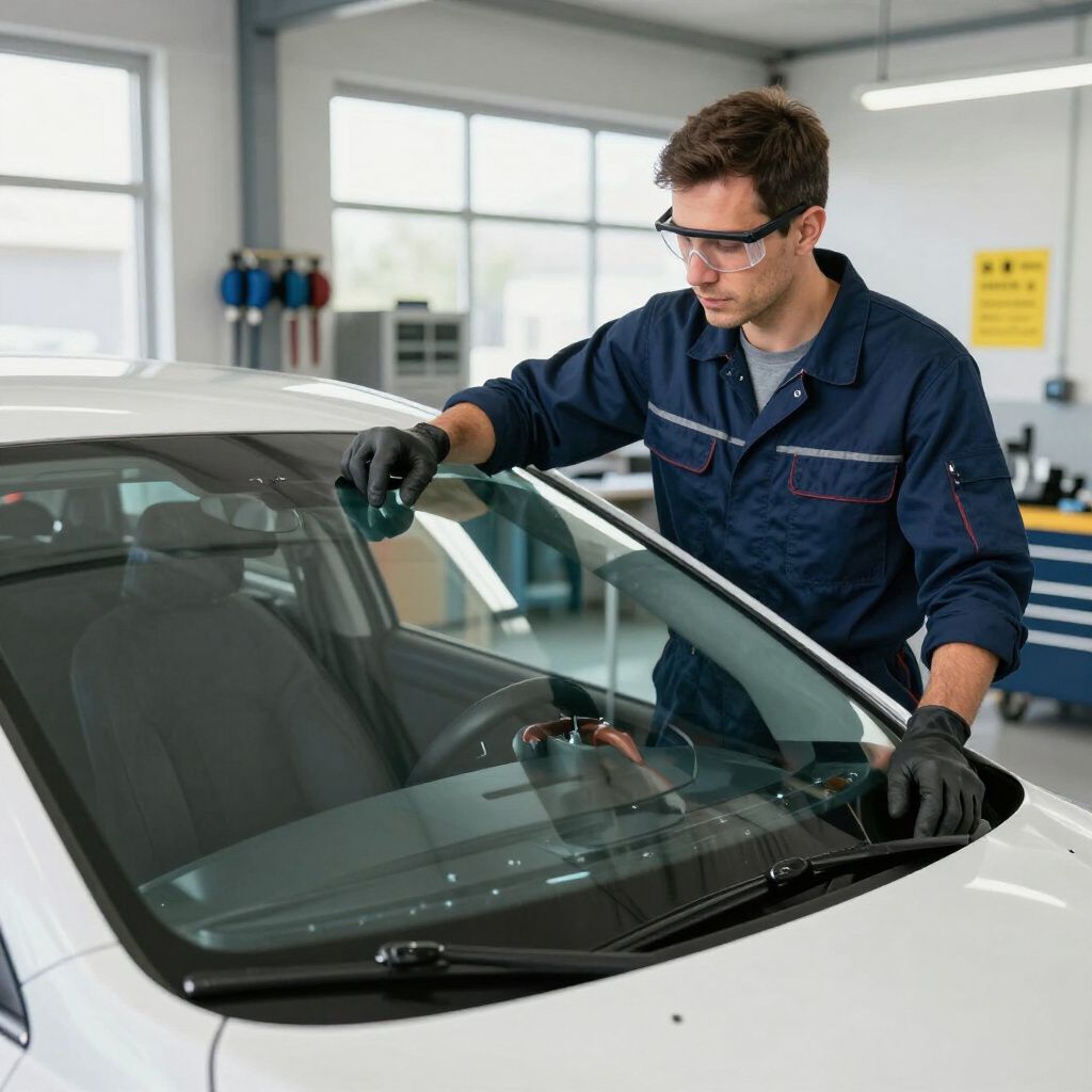 Meccanico in tuta blu, occhiali protettivi e guanti al lavoro sul parabrezza di un'auto bianca in un'officina.