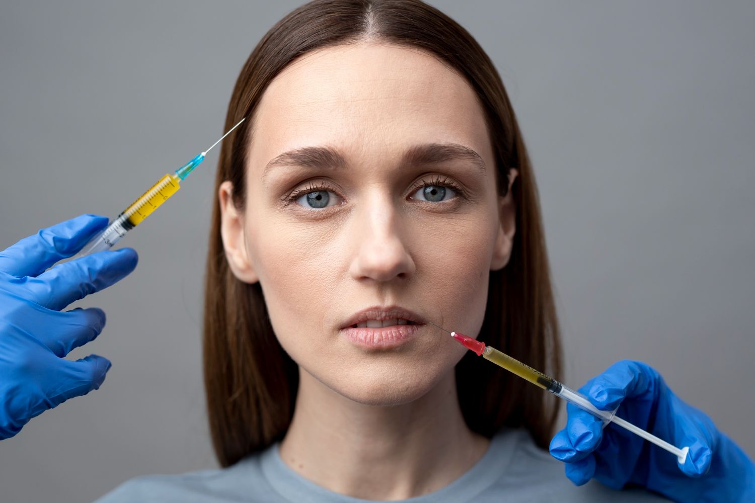 A woman is getting a botox injection in her face.