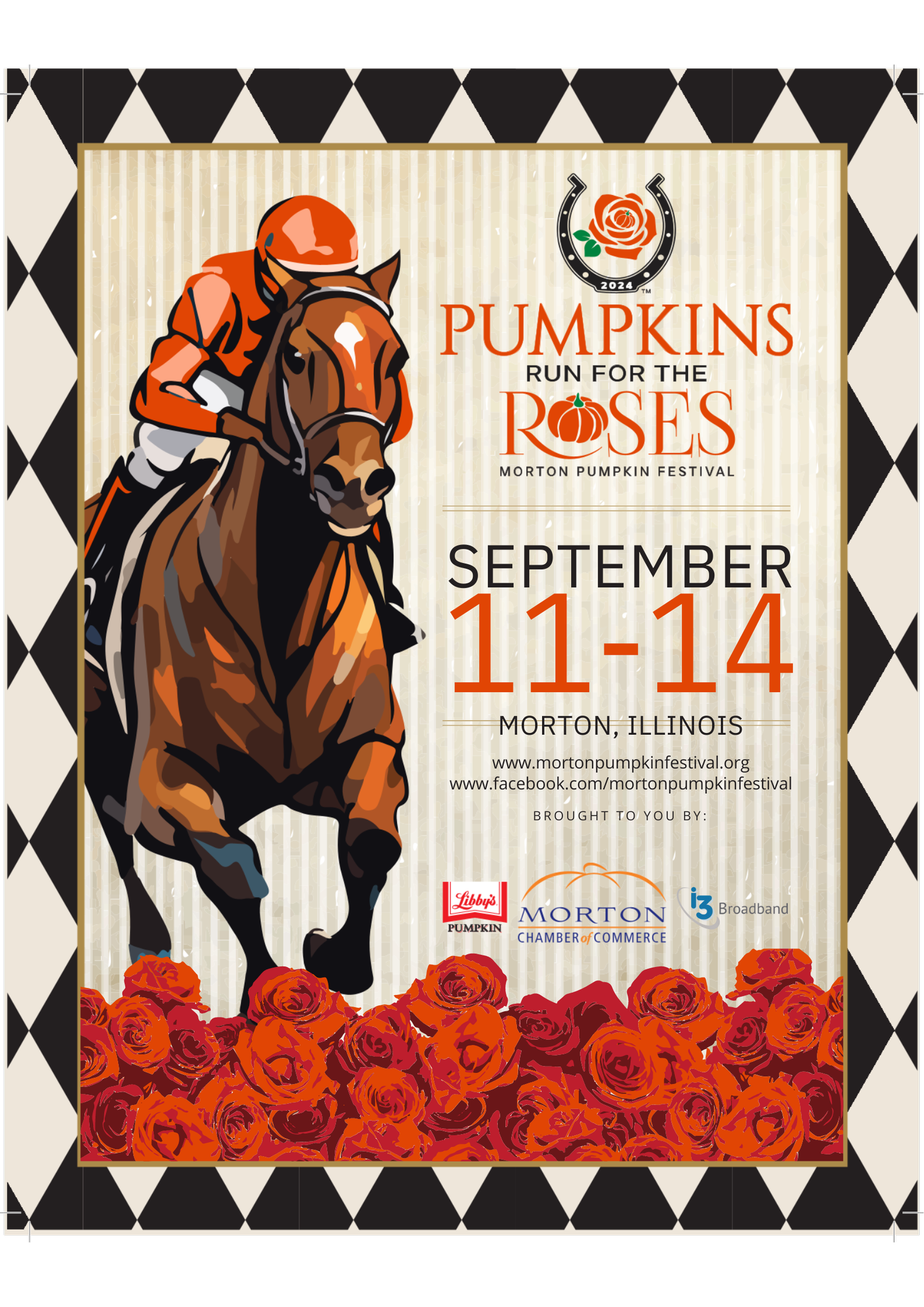 A poster for a horse race called pumpkins and roses.