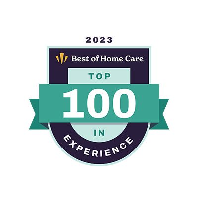 A badge that says `` best of home care top 100 in experience ''.