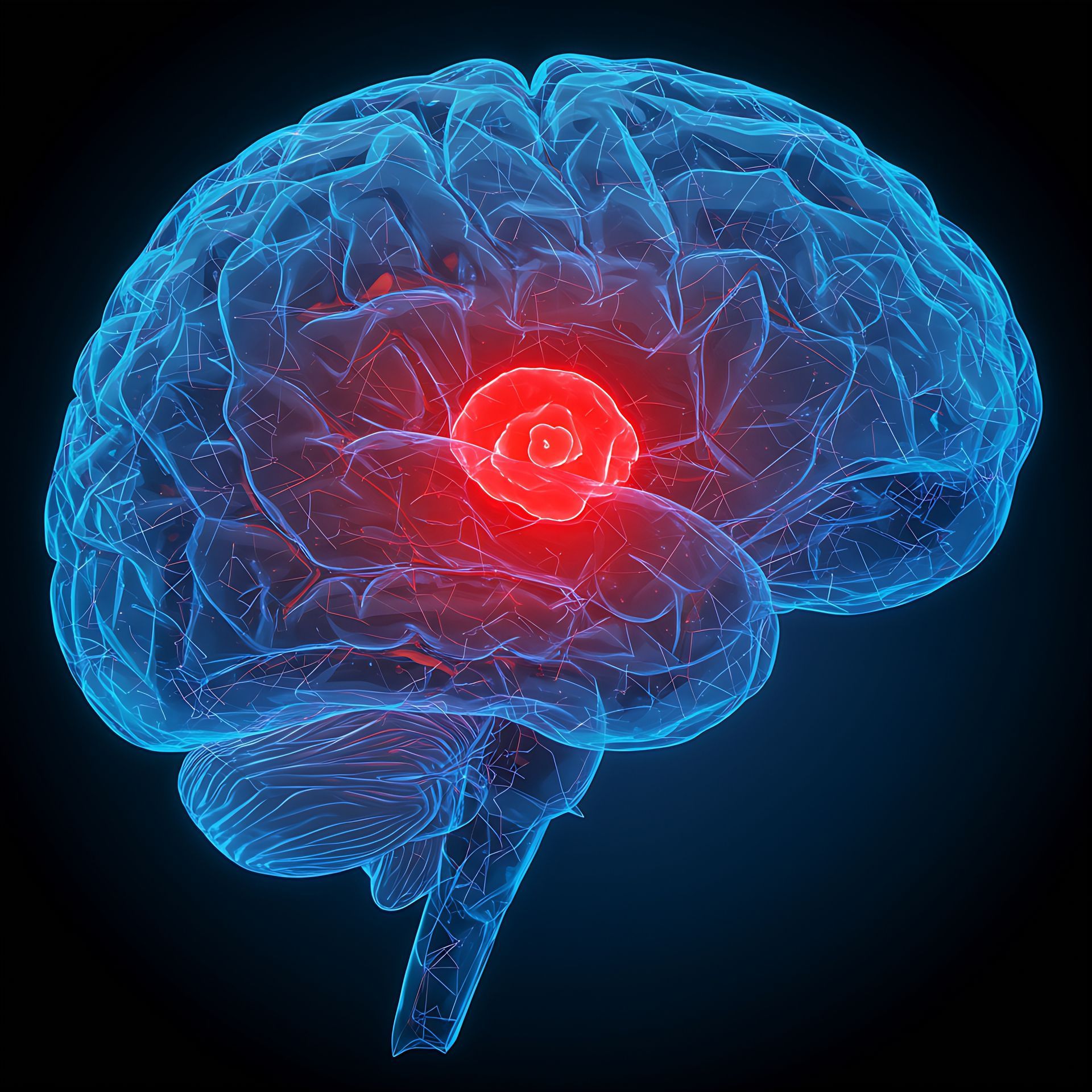 Blue brain with a red, glowing tumor in the center.