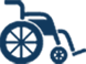 A blue and white icon of a wheelchair on a white background.