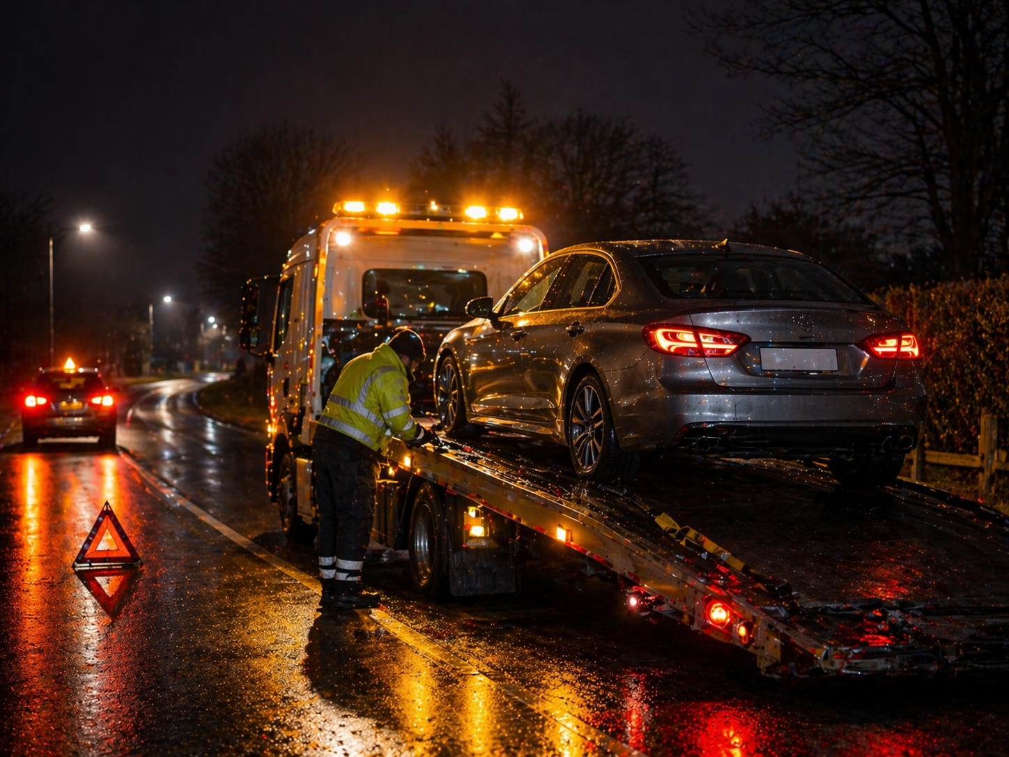 Un carro attrezzi carica una berlina argentata su una strada bagnata di notte, mentre un operaio sta in piedi accanto ad essa.