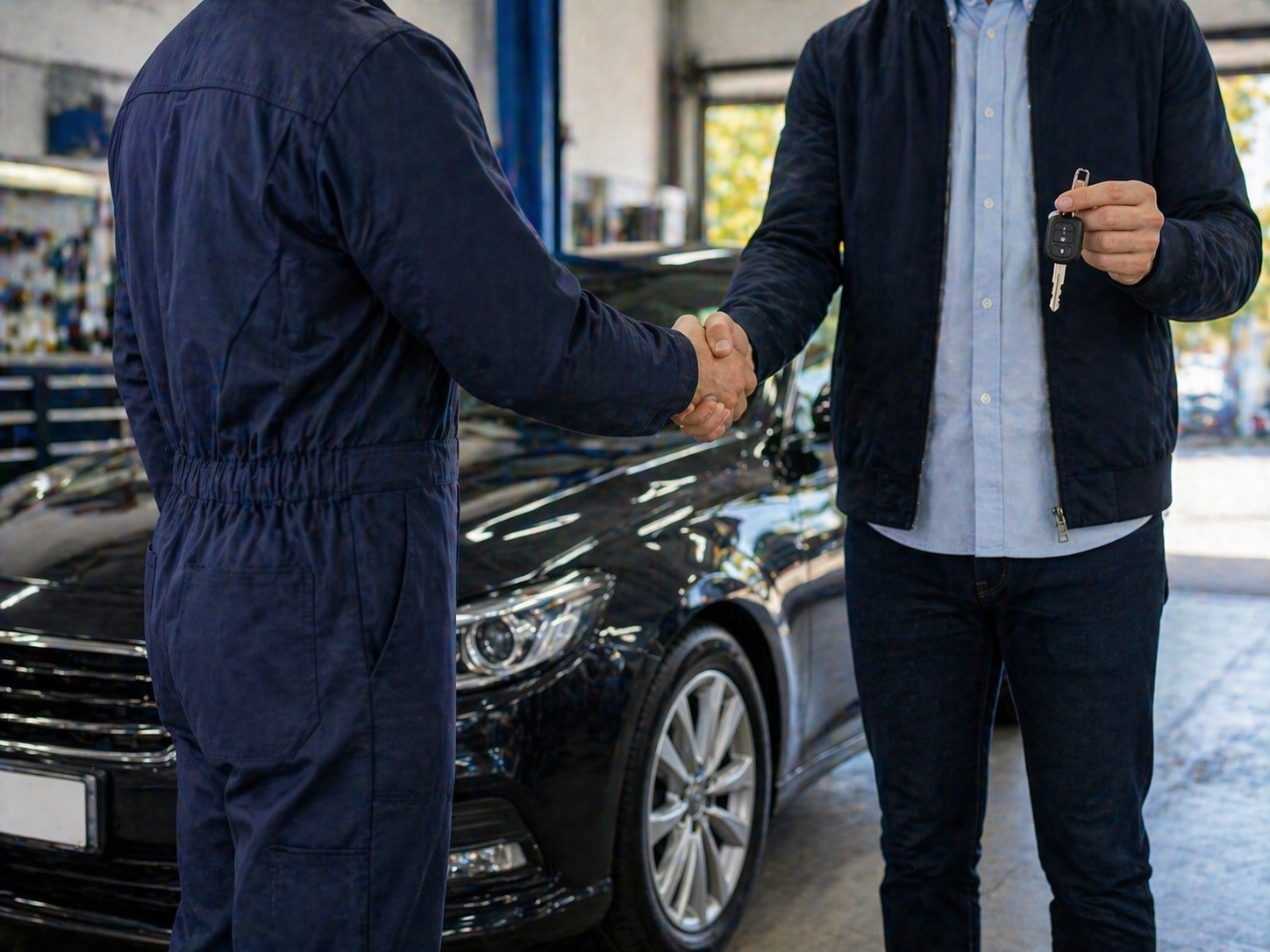 Due persone si stringono la mano davanti a un'auto nera in uno showroom.