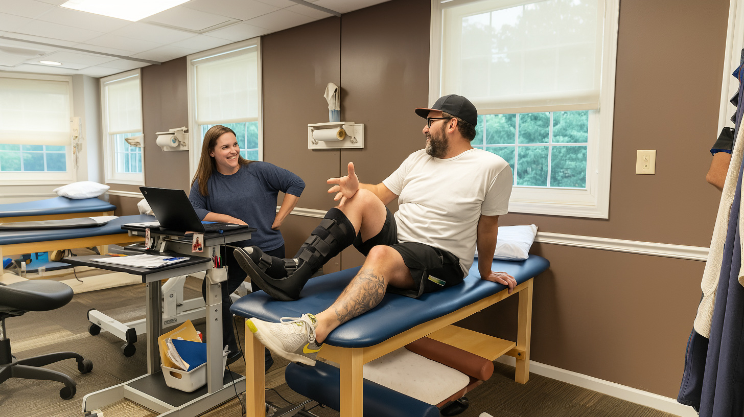 A man in a leg brace, seated on a therapy table, laughs with a therapist in a rehab room.