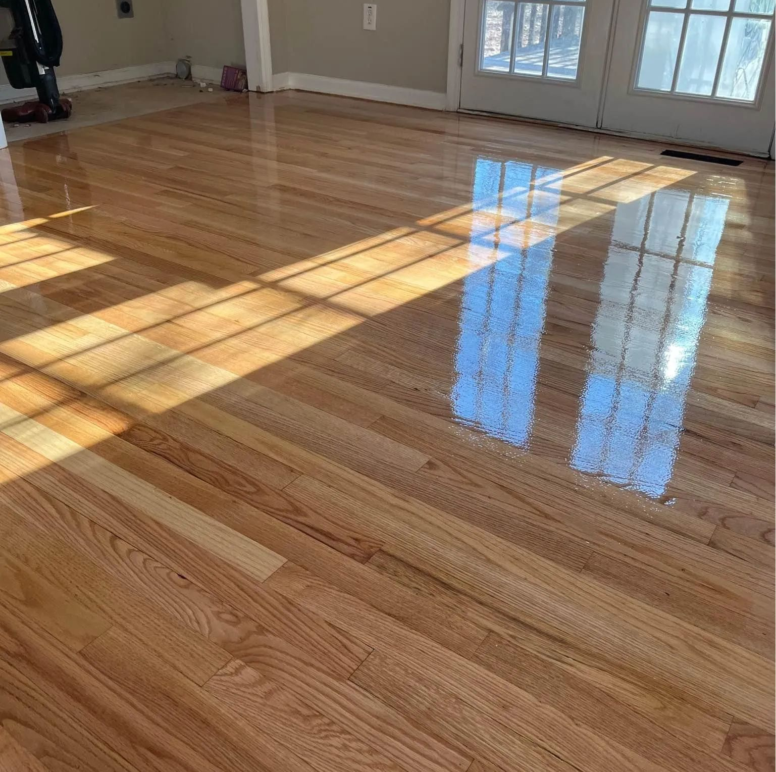 Shiny hardwood floor reflecting sunlight from a window.