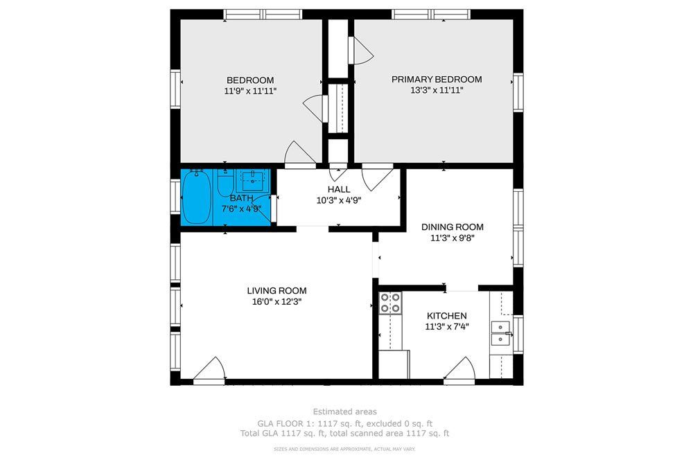 A floor plan of a house with two bedrooms and a bathroom.