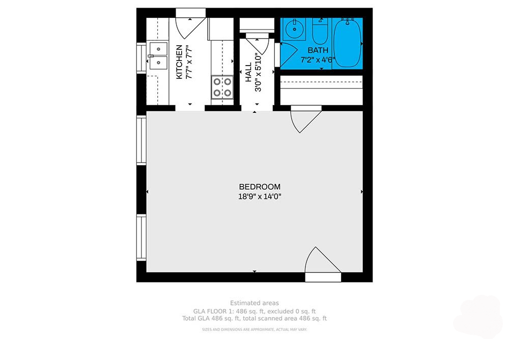 A floor plan of a house with a bathroom and kitchen