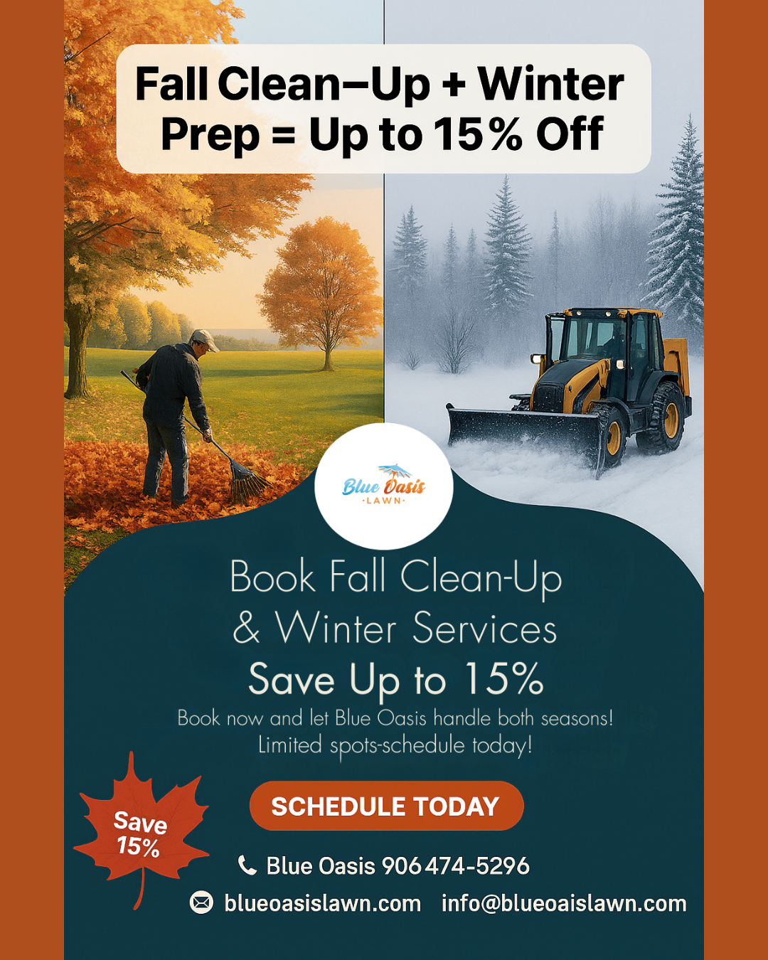Fall cleanup and winter prep service advertisement: saves up to 15%. Features fall leaves, a snowplow, and contact info.