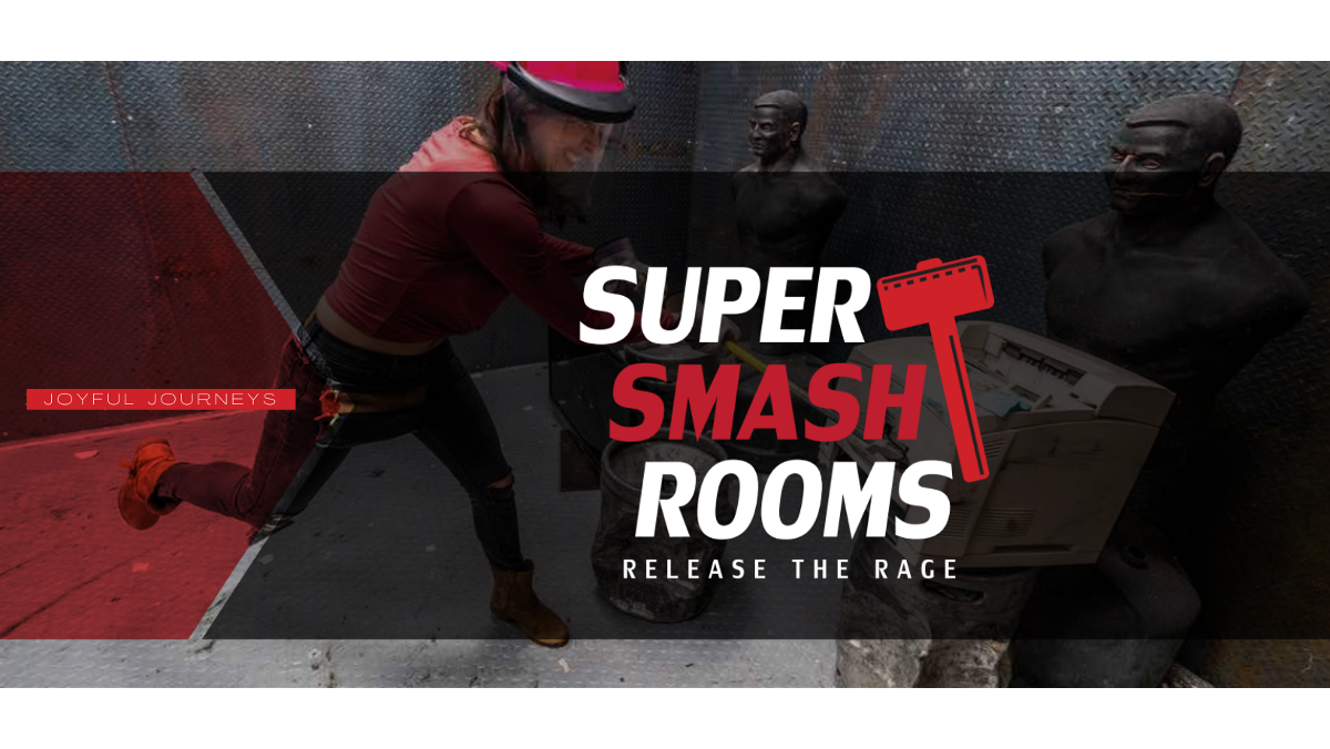 A poster for super smash rooms shows a man holding a hammer.
