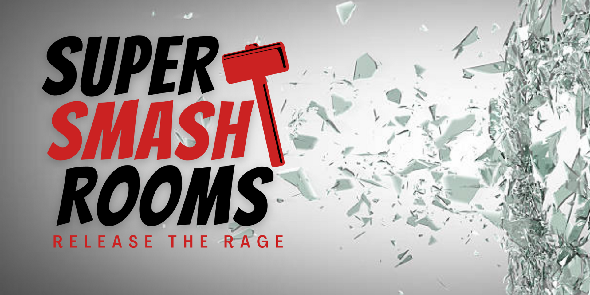 A poster for super smash rooms with a red hammer and broken glass
