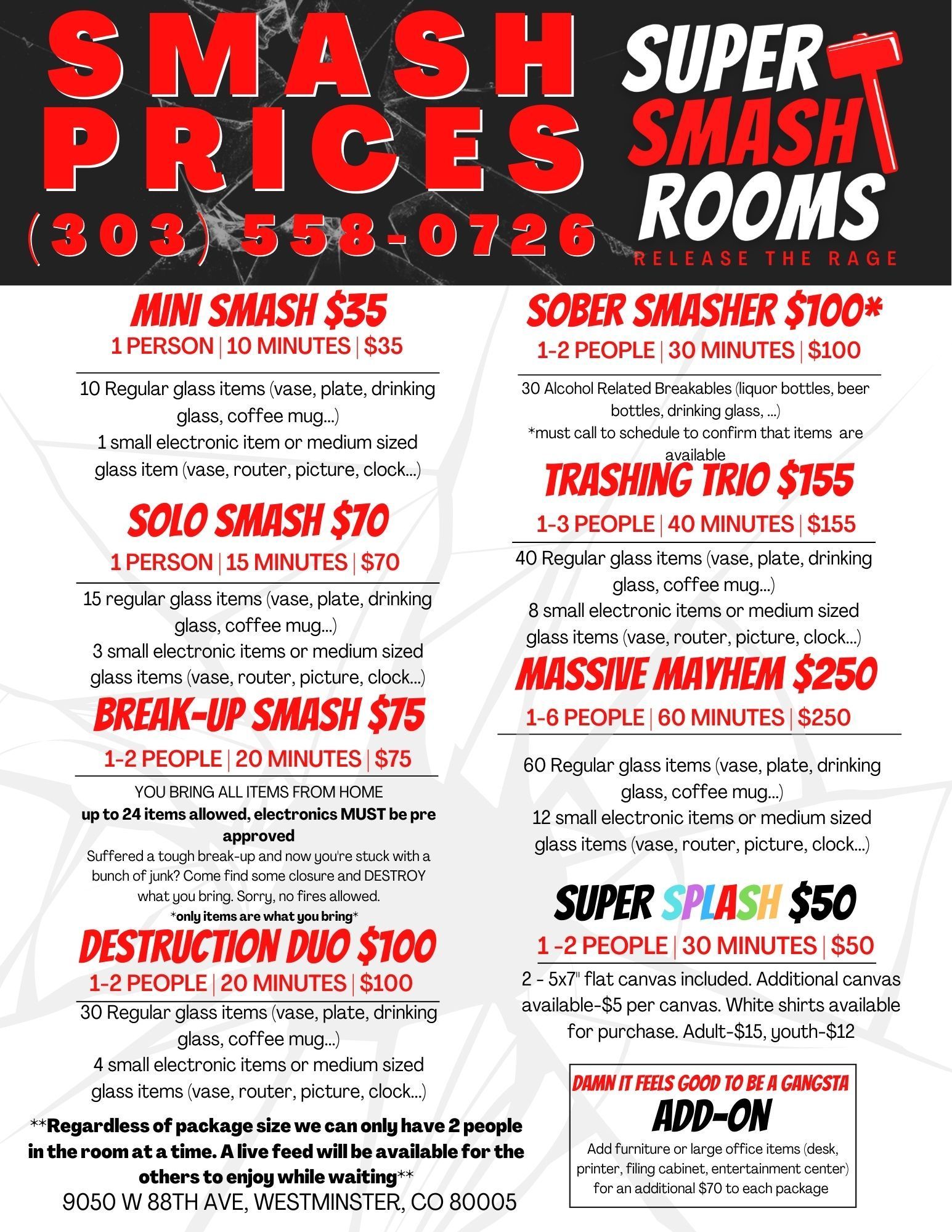 A flyer for smash prices and super smash rooms.