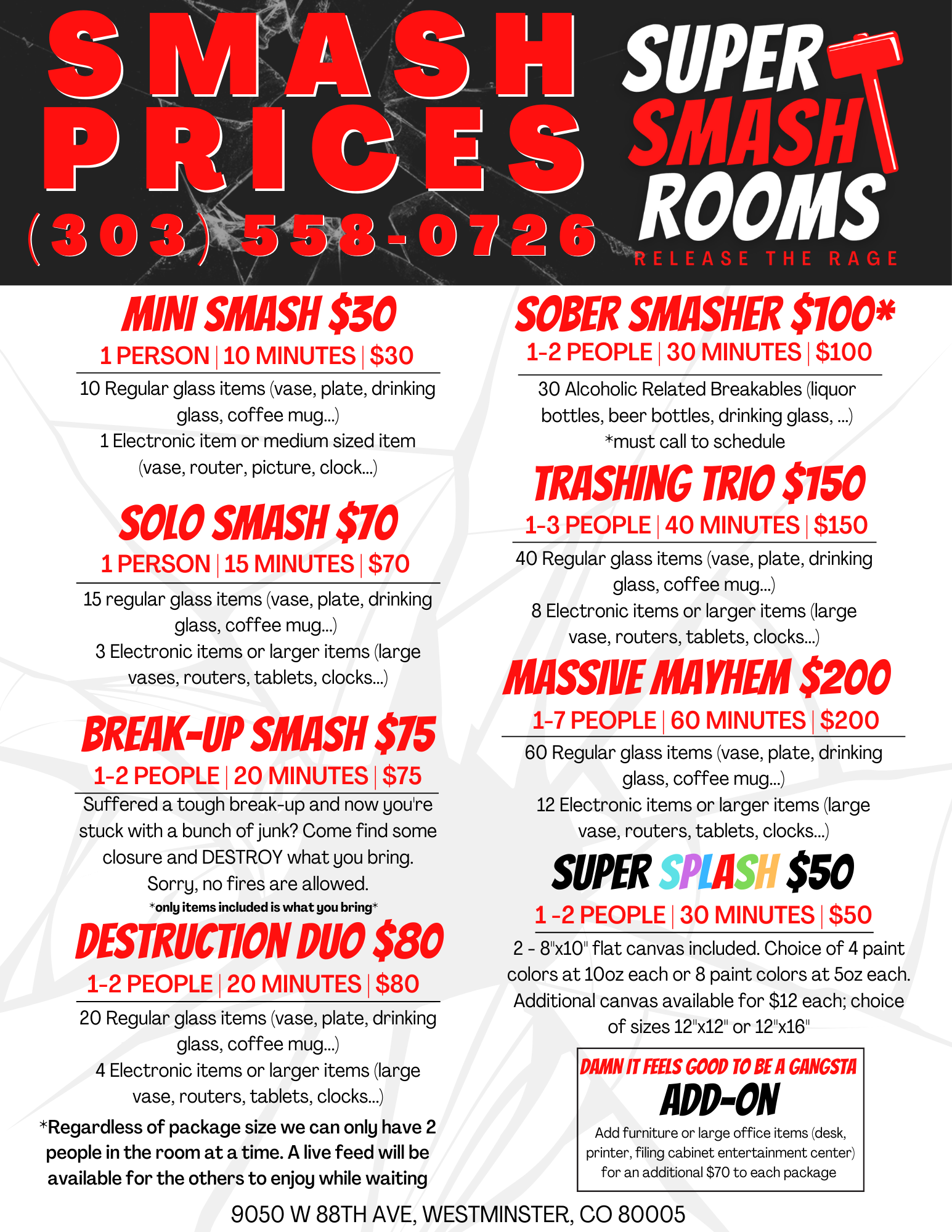 A flyer for smash prices and super smash rooms.