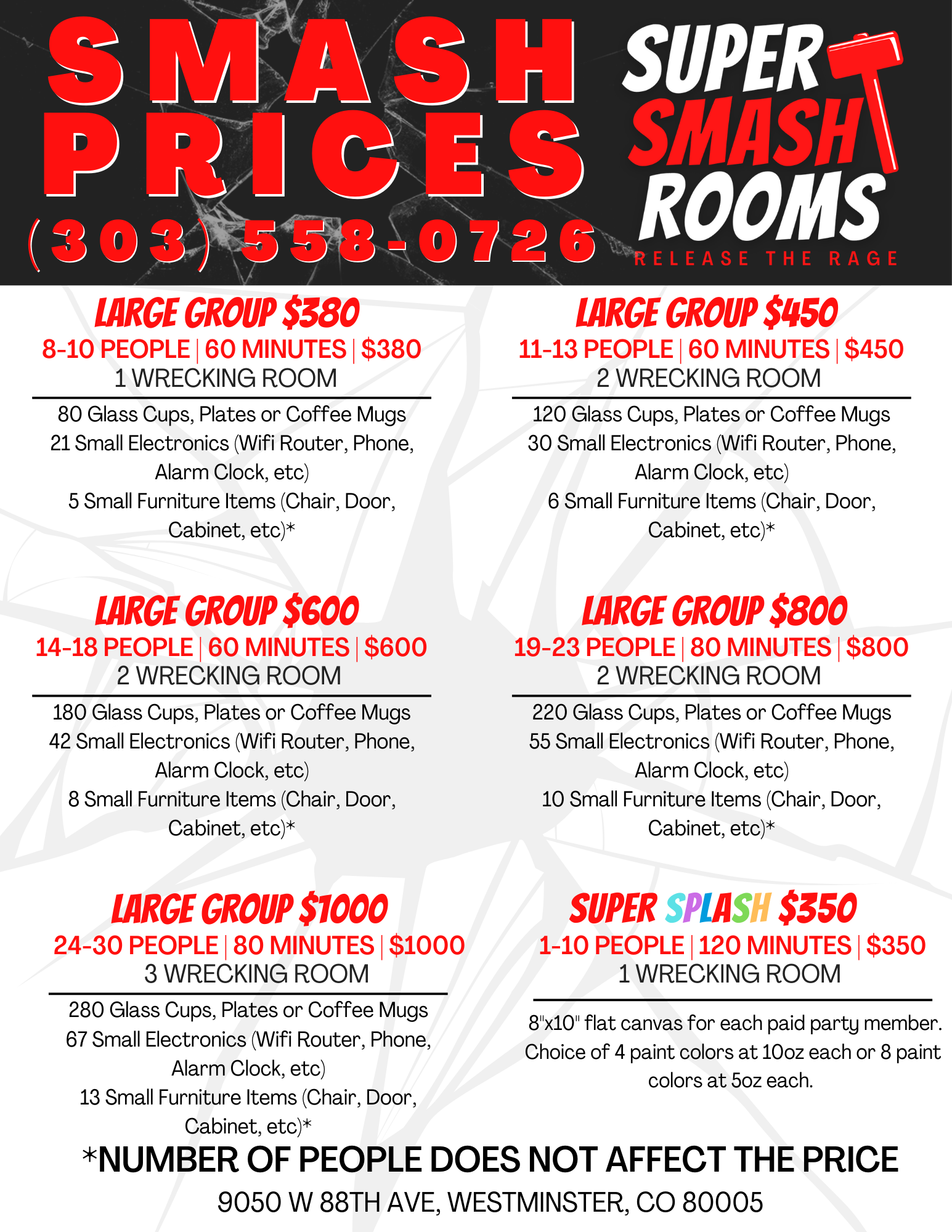 A poster for smash prices at super smash rooms.