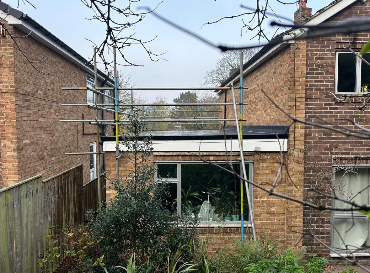 In-progress flat roof replacement in Hexham, carried out by A. Armstrong Roofing.