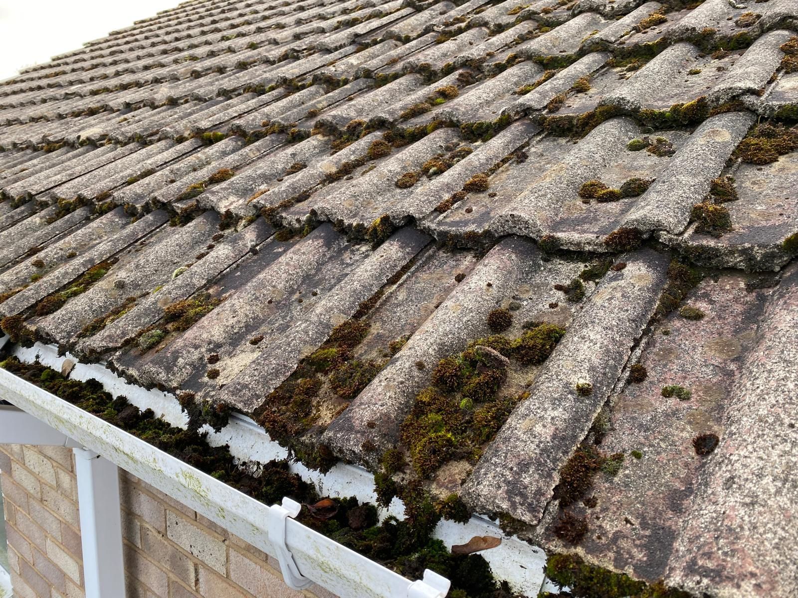 A worn concrete-tile roof with visible moss and blocked white guttering