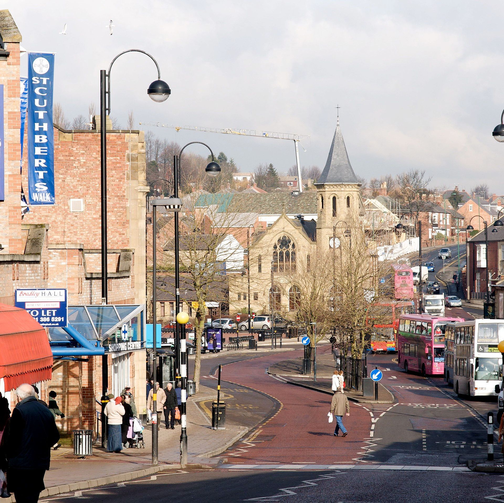 View of Chester-le-Street town centre, highlighting local shops, historic buildings, and areas served by A. Armstrong Roofing's professional roofing services