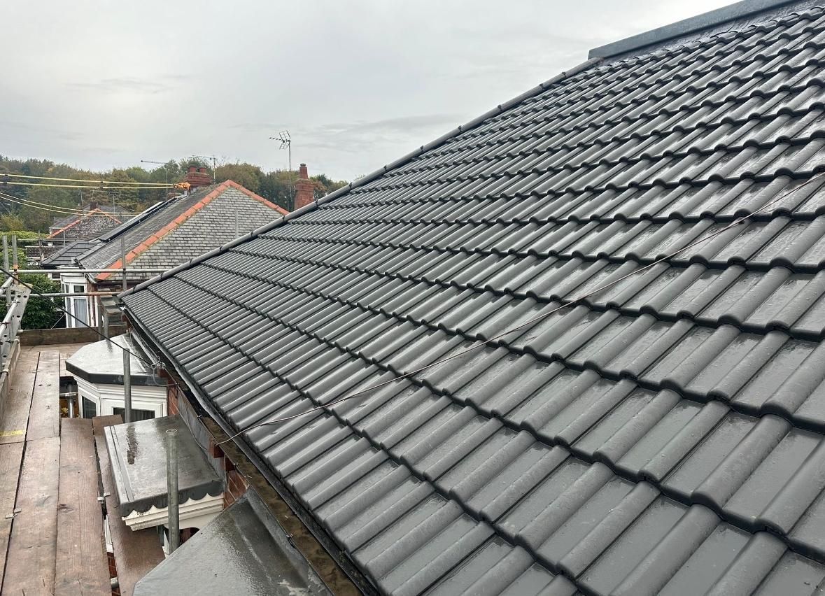 Exterior view of a house with black concrete tiles on a pitched roof with fair overcast conditions.