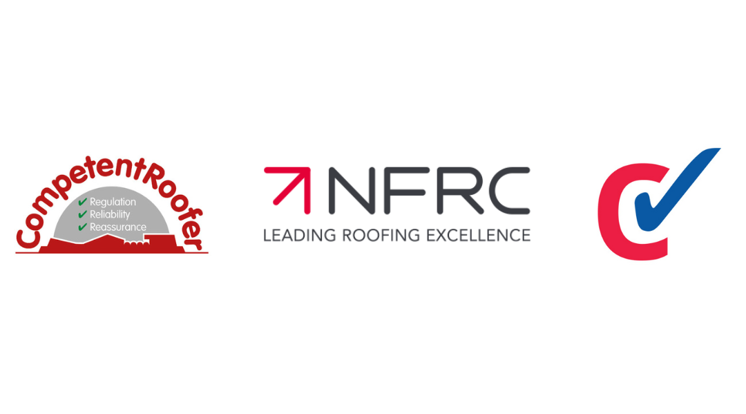 A. Armstrong accreditations, featuring the CompetentRoofer logo, the NFRC logo, and the Checkatrade logo