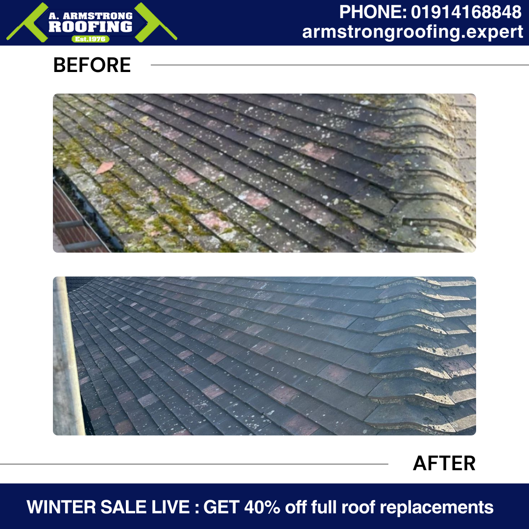 Before and after images showing a worn, moss-covered roof transformed into a clean, restored tiled roof by Armstrong Roofing.