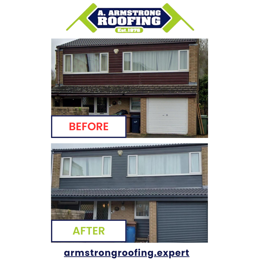 Before and after photos of a roof in Washington, with a ground view showing repairs.