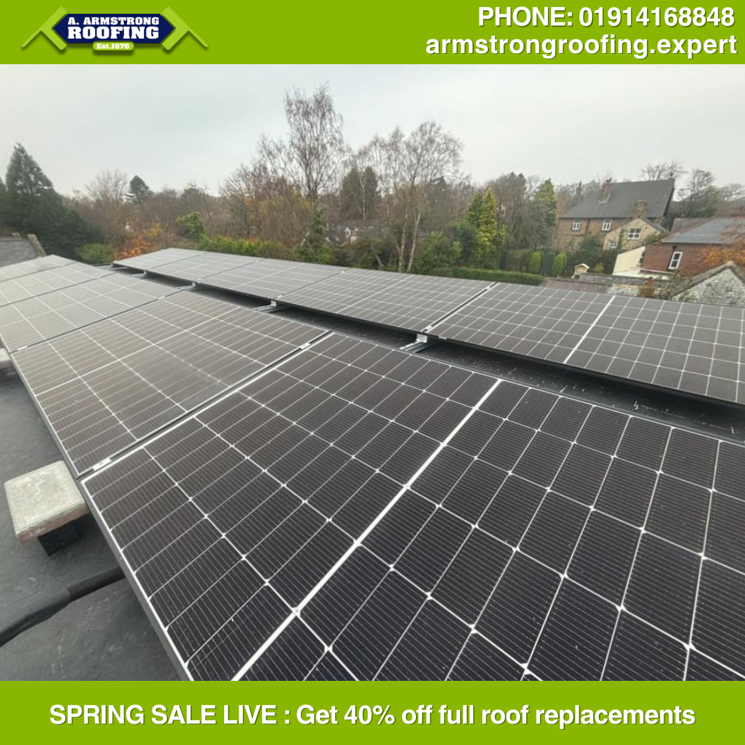 Flat roof with solar panels installed, showcasing integrated energy-efficient roofing in Gateshead.