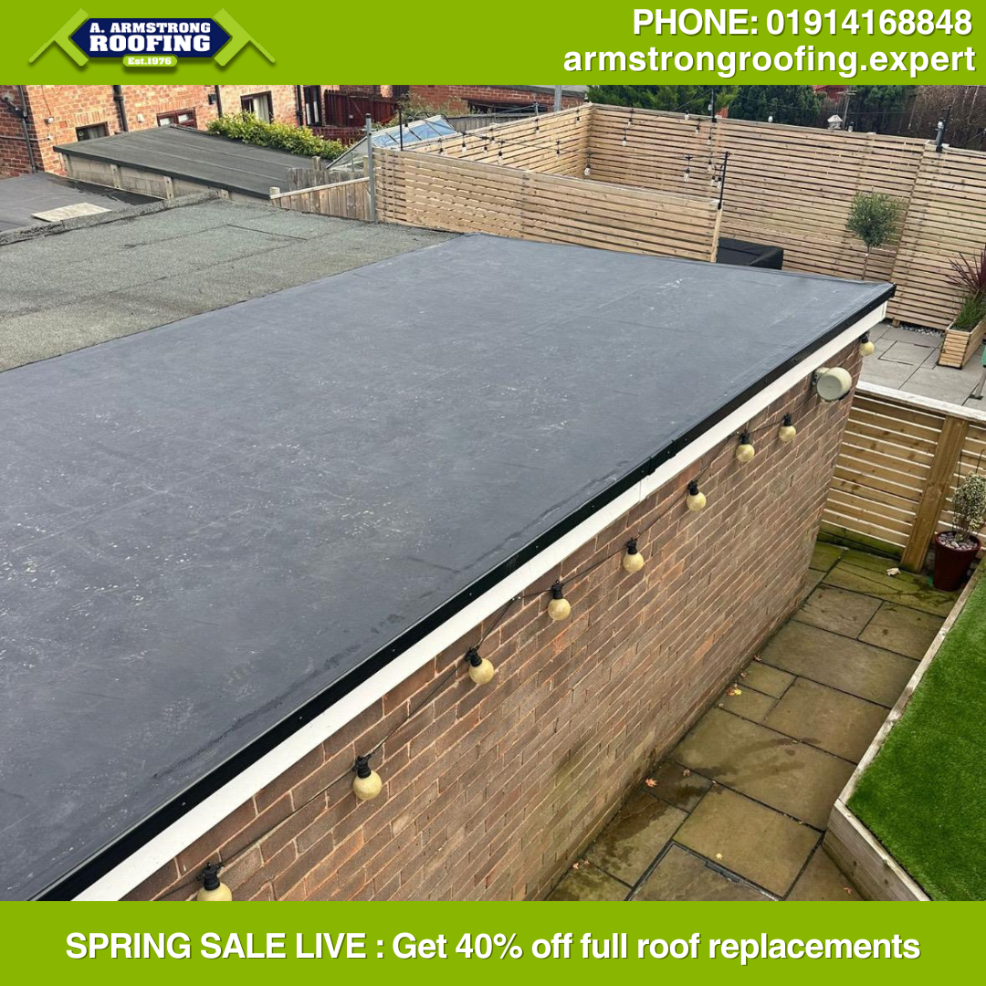 Newly installed EPDM flat roof on a garage extension, demonstrating a smooth, modern waterproof finish in Gateshead.