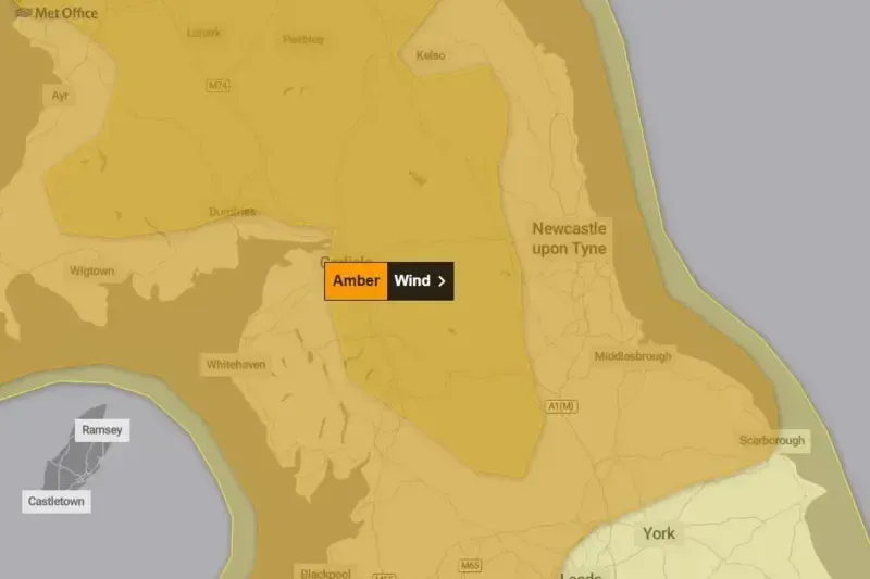 Met Office graphic of an incoming storm across North East England, rated at an amber warning level.