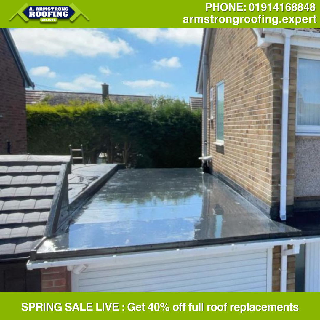 Flat roof renewal above a residential bay window, showcasing neat finish and high-quality materials from Armstrong Roofing.