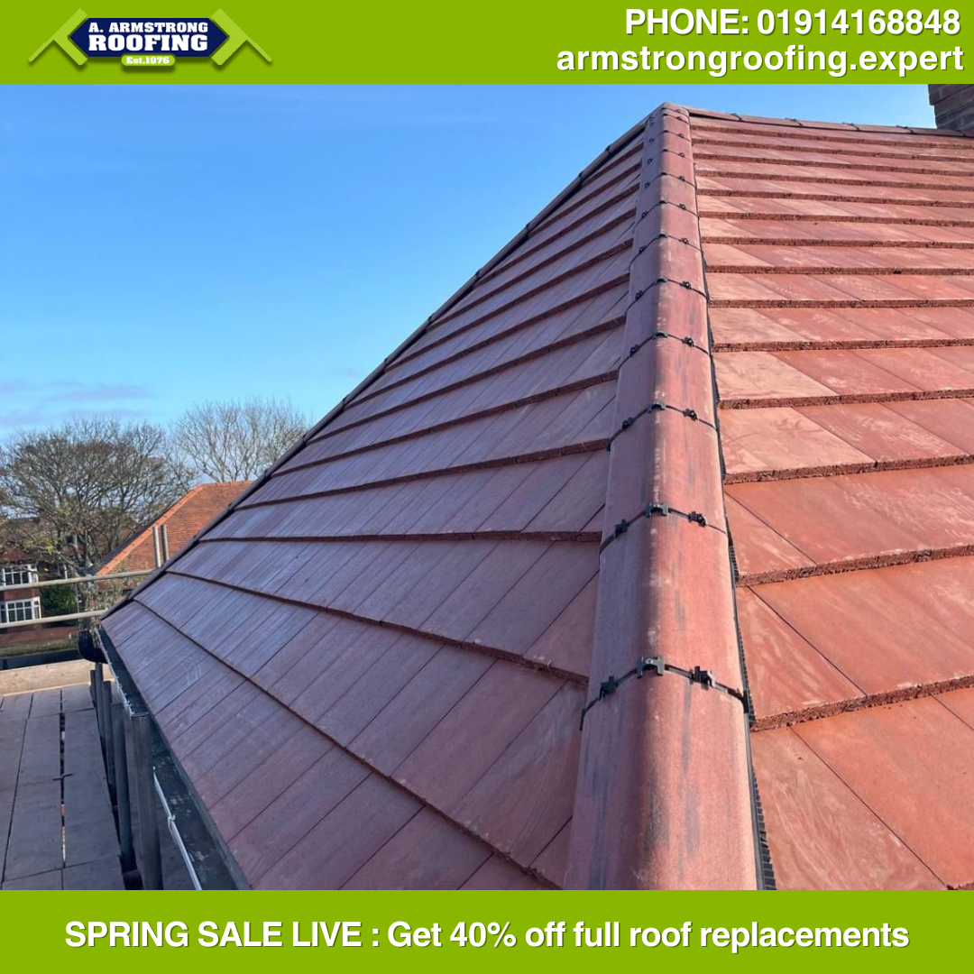 Newly installed red tiled pitched roof on a detached home in North Tyneside, part of Armstrong Roofing’s spring roof replacement offer.