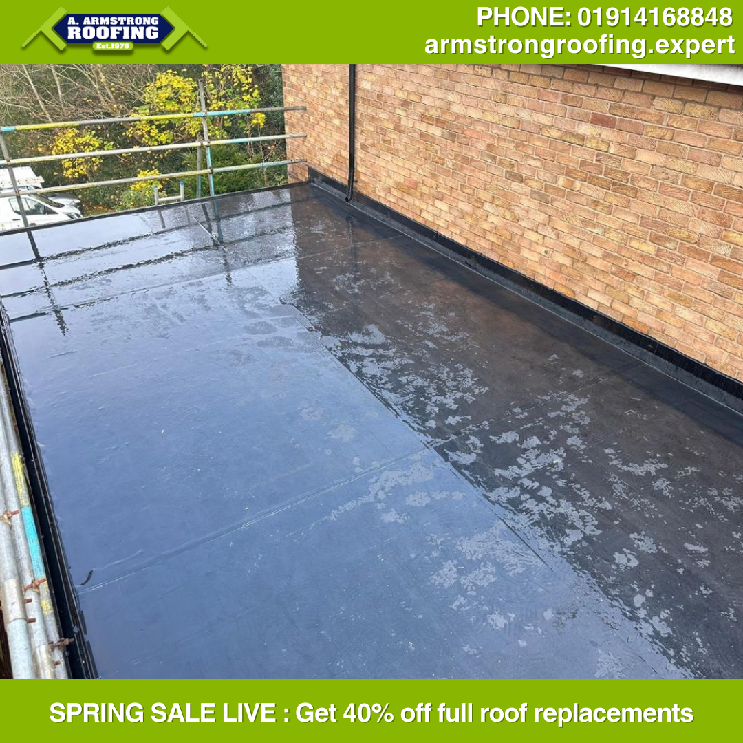 Flat roof installation on a residential extension, featuring smooth, sealed EPDM surface with clean edges and modern waterproofing by Armstrong Roofing.
