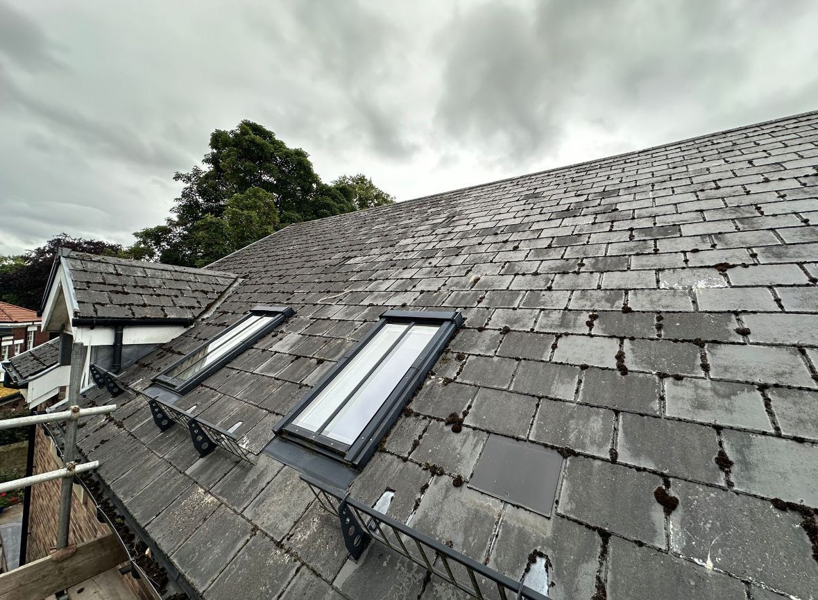 Valley shot of a repaired roof in Washington, North-East England