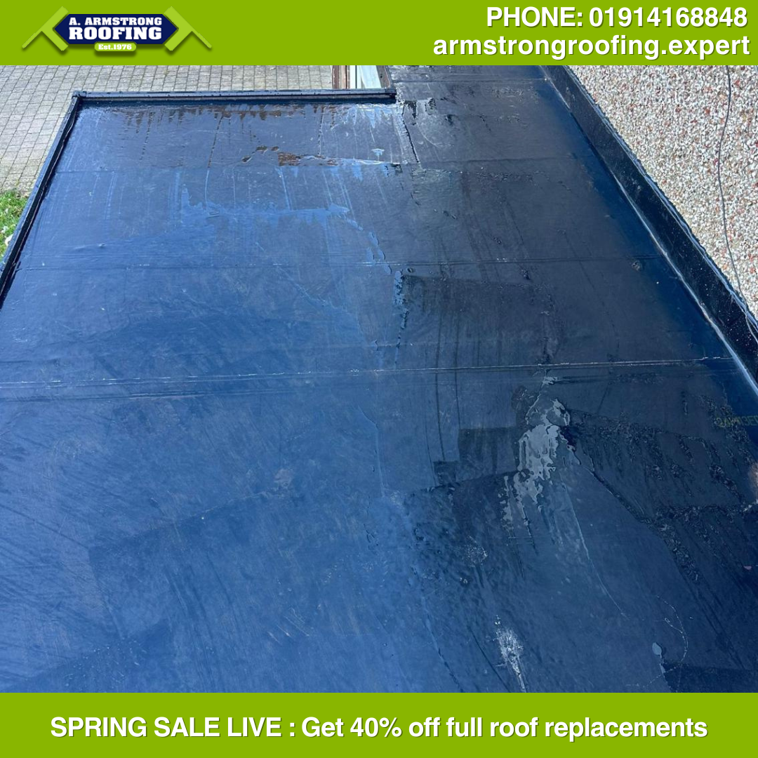 Detailed image of expertly fitted EPDM rubber flat roof, highlighting quality waterproofing and clean finishes by Armstrong Roofing.